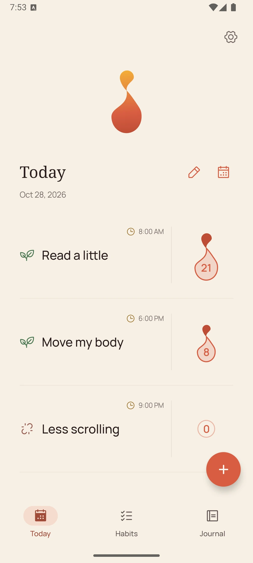 Kaen on Android showing daily habits, scheduled times, and flame streaks